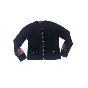 Vintage Vrikke Norwegian Black Lambswool Cardigan Floral Embroidered Beaded L